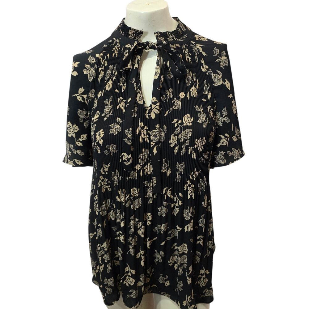 Lauren Ralph Lauren Floral Pleated Tie Neck Blouse 1X Black Boho Top Chic